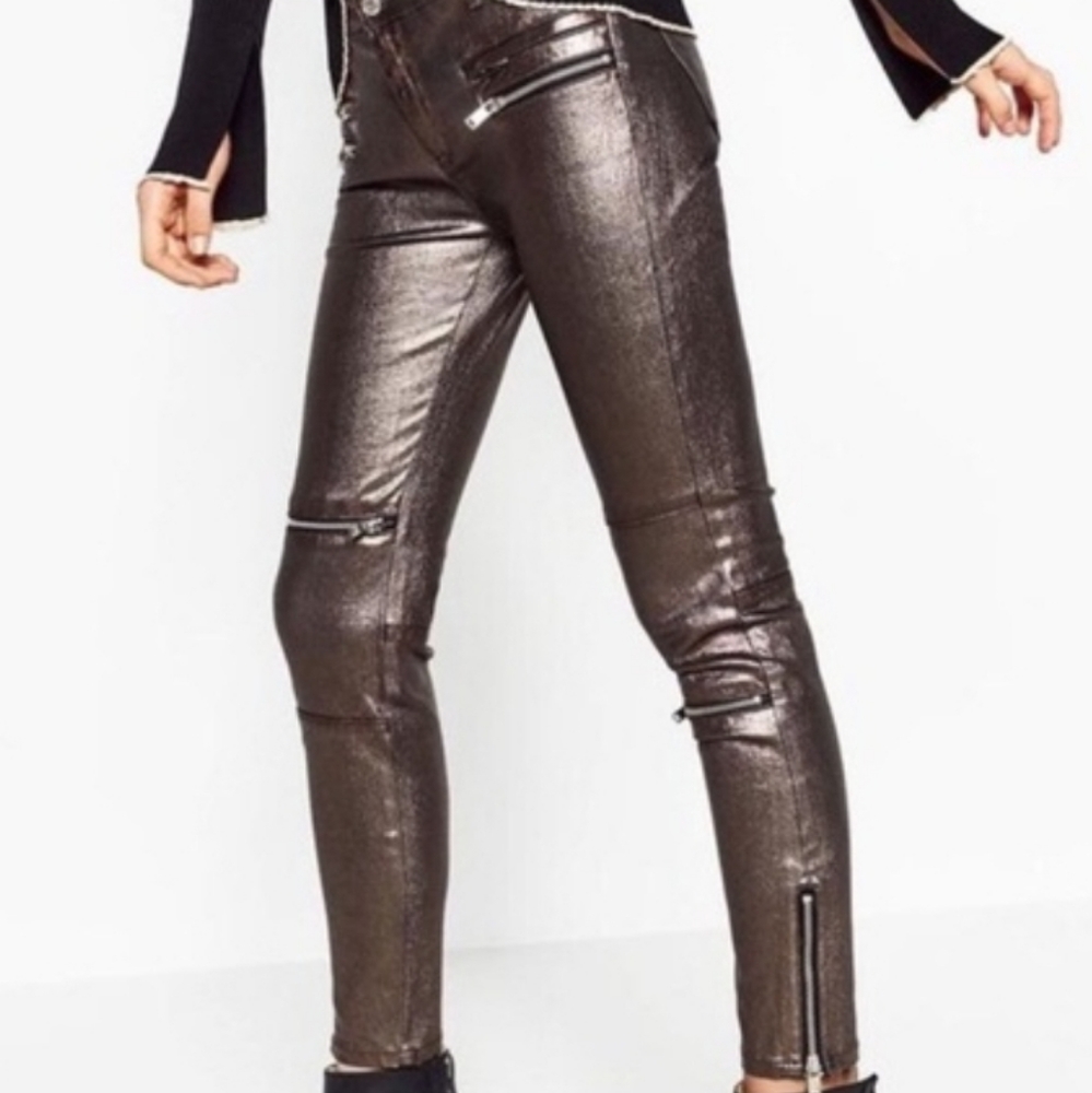 ZARA Premium Denim silver coated moto jeans